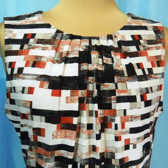 Calvin Klein Red/Black/White Geometric Pleat Neck Sleeveless Career Top Lg EUC - Picture 6 of 11